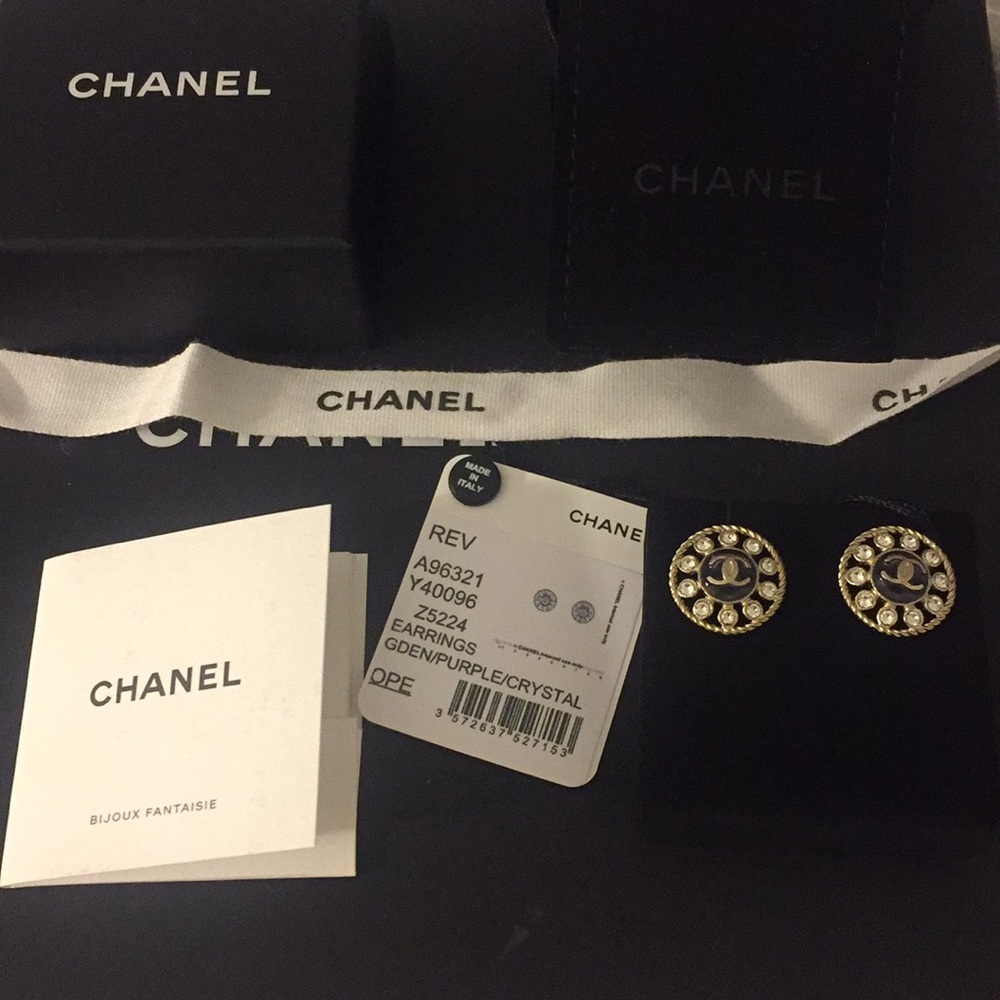Chanel Black and Gold Rhinestone Pierced Earrings